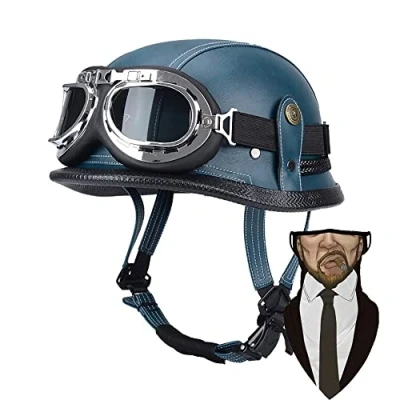 Afbeelding van DIRERTYS helm voor motorfiets, halve helm, pothelm, Duitse leer, DOT/ECE goedgekeurde cap, retro + bril, open gezicht, met verstelbare snelsluiting