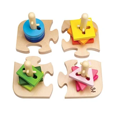 Afbeelding van Creative Peg Puzzle by Hape , Wooden Stacker Problem Solving for Toddlers, Stacking Toy with Different Grooved Shapes, Pegged Posts and Bright Colours