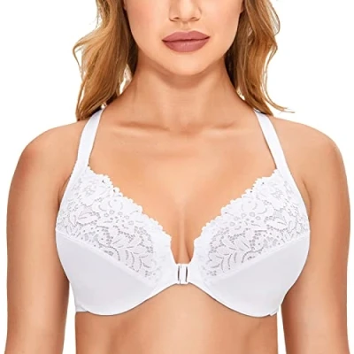 Afbeelding van DELIMIRA Vrouwen Plus Size Volledige Dekking Kanten Beugel Racerback BH met Voorsluiting wit 110E