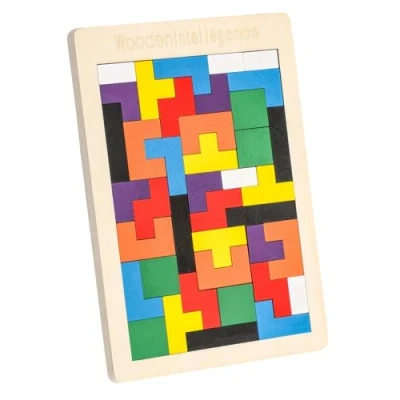 Afbeelding van EACHHAHA Kids First Montessori Brain Teasers Houten Puzzel Blok, Hout Tetris Puzzels Doos Speelgoed, STEM Logische Educatieve Vorm Patroon Tangram Geschenken voor Kid 2 3 4 5 6 Jaar Oud