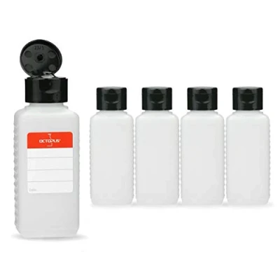 Afbeelding van Octopus 5 x 100 ml plastic flessen, HDPE flessen met zwarte klapsluiting, lege scharniersluiting, vierkante incl. beschrijfbare etiketten