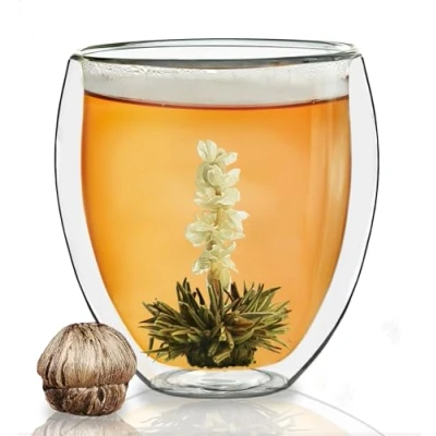 Afbeelding van Creano dubbelwandig thermoglas XXL 400ml, incl. Een theebloem, extra groot hittebestendig koffieglas/theeglas geweldig cadeau