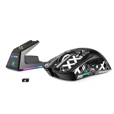 Afbeelding van MAMBASNAKE Attack Shark X1 Lichtgewicht Gaming Muis met Oplaadstation, 49g SUPERLIGHT, PixArt PAW3395 PRO Sensor 40000DPI, BT/2.4G Draadloze/Bekabelde Office Mice Grip Tape voor PC/Mac Zwart