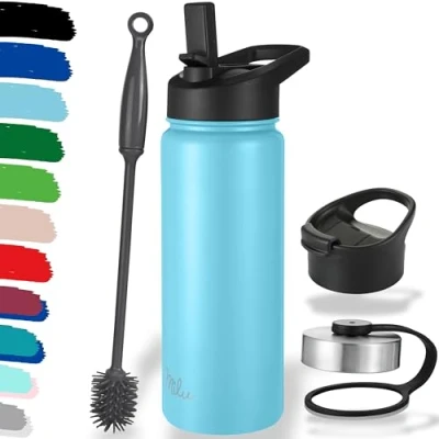 Afbeelding van Milu Roestvrijstalen drinkfles, 500 ml, 750 1000 ml (+ 3 deksels), thermosfles met rietje, geïsoleerde waterfles, lekvrije thermosbeker, dubbelwandig, geschikt voor koolzuurhoudende dranken, hemelsblauw,