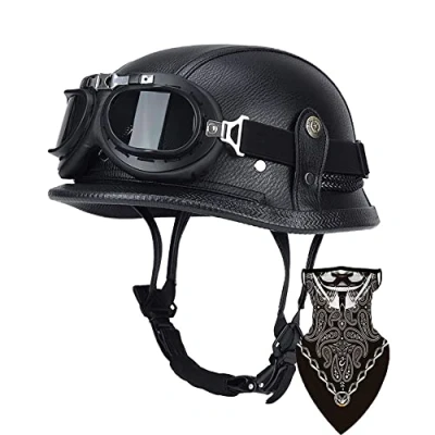 Afbeelding van DIRERTYS helm voor motorfiets, halve helm, pothelm, Duitse leer, DOT/ECE goedgekeurde cap, retro + bril, open gezicht, met verstelbare snelsluiting, L 57 60 cm