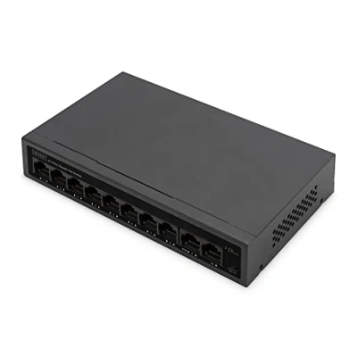 Afbeelding van DIGITUS 10 poorts Gigabit Ethernet PoE netwerkswitch onbeheerd 8x RJ45 poorten + 2x Uplink 60W budget CCTV modus 10/100/1000 Mbps zwart
