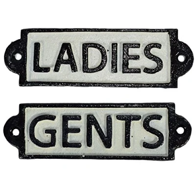 Afbeelding van Dames en heren toilet gietijzeren bord plaquette deur muur café winkel hotel bar