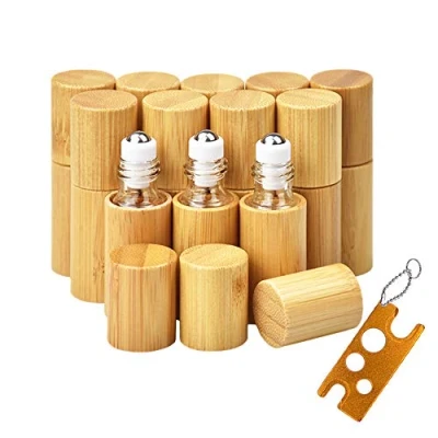 Afbeelding van MERYSAN Roll On flessen voor etherische olie met bamboeschaal, 5 ml, navulbaar, leeg reservoir roestvrijstalen rolballen, fles aromatherapie, 12 stuks, bamboe, 5ml