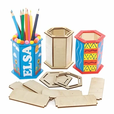 Afbeelding van Baker Ross FE522 Zeshoekige Houten Potloodhouder Set Pak van 3, Pennenhouder, Verf je Eigen Potloodhouder, Knutselsets voor Kinderen