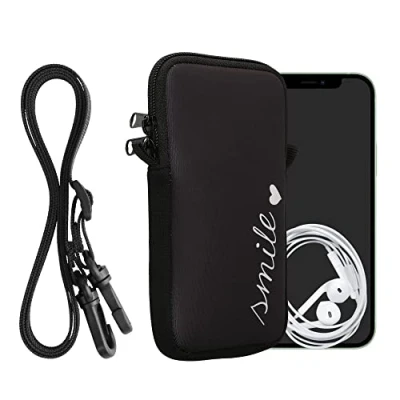 Afbeelding van kwmobile Tasje voor smartphones XXL 7&quot; Hoesje van neopreen in wit/zwart Phone case met nekkoord Smile en Hartje