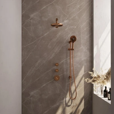 Afbeelding van Brauer Copper Edition Regendoucheset inbouw hoofddouche 20cm 3 gladde knoppen rechte wandarm glijstang handdouche rond standen PVD