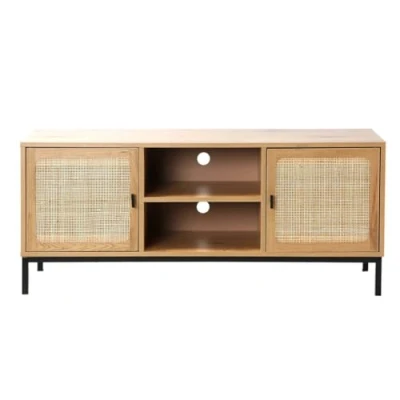 Afbeelding van Casâme TV kast met 2 deuren Rotan nissen Zwarte metalen voet Moderne en natuurlijke stijl voor woonkamer, slaapkamer L 120 x D 39 H 51 cm