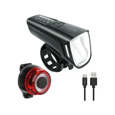 Afbeelding van ANSMANN fietsverlichtingsset verkeersvoorschriften gekeurd met OSRAM LED. Dimlicht 200 m stralingsbereik 100 Lux 180 Lumen IPX5 Batterijgevoed en oplaadbaar via USB fiets led licht voor achter