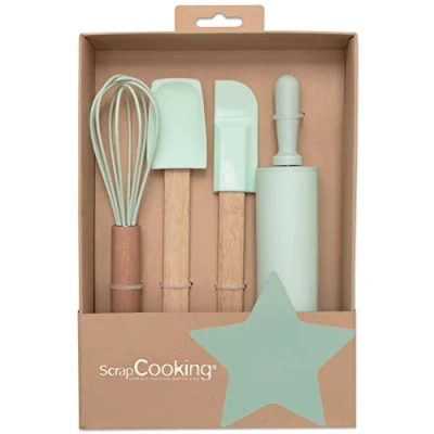 Afbeelding van ScrapCooking Bakgereedschapsset voor kinderen Geschenkset met 4 gebruiksvoorwerpen: garde, spatel, lepel, rol hout en siliconen taarten, koekjes 1136, groen