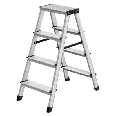 Afbeelding van SONGMICS ladder, trap, aluminium ladder met 4 antislip treden, opvouwbaar, multifunctionele draagvermogen tot 150 kg, zilvergrijs inktzwart GLT014E01