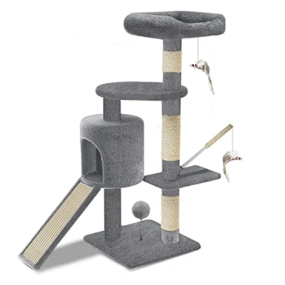 Afbeelding van VOUNOT Krabpaal stabiele kattenboom klimboom voor katten, met platforms hol sisal touw, 115 cm, grijs