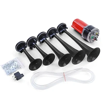 Afbeelding van 5 x autoclaxon, 125 dB, zwart, trompet, muzikale Dixie autoclaxie &quot;Duke kommt zelden allein&quot; + compressor, 12 V, luchthoorn