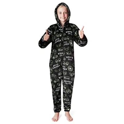 Afbeelding van CityComfort rompertjes voor jongens, donzige fleece pyjama kinderen en tienerjongens meisjes, camo romper, warme winterpyjama 7 14 jaar (Zwart, 9 10 jaar)