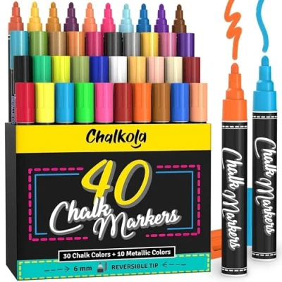 Afbeelding van Chalkola Vloeibare krijtstiften voor schoolbord, krijtbord, whiteboard, venster, etiketten, glas, bord Pack van 40 (neon, pastel en metallic) verfkleuren afveegbare krijtmarkers 6 mm omkeerbare