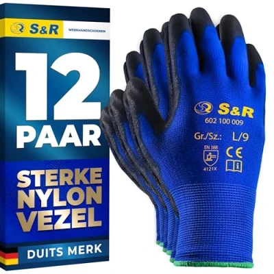 Afbeelding van S&amp;R BASIC Beschermende handschoenen, licht, 12 paar, nylonvezel met PU coating, montagehandschoenen geschikt voor privé en commercieel gebruik (L/9)