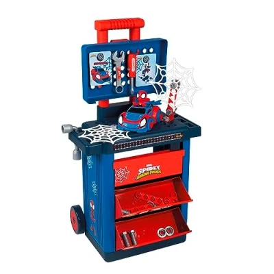 Afbeelding van Smoby Spidey 7600360214 Trolley werkbank met wielen en gereedschap voor het bouwen van auto, 2 laden opslag, speelgoed jongens meisjes vanaf 3 jaar
