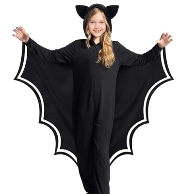 Afbeelding van Spooktacular Creations Kindervleermuiskostuum, vleermuisvleugels, kostuum, zwarte vleermuisjumpsuit voor jongens, meisjes, Halloween verkleedpak S