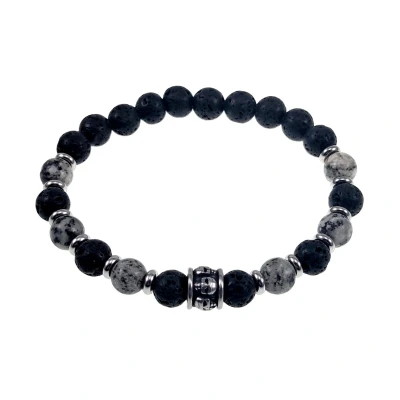 Afbeelding van Elastische Armband Heren RVS Skull Grijze en zwarte Natuursteen Kralen