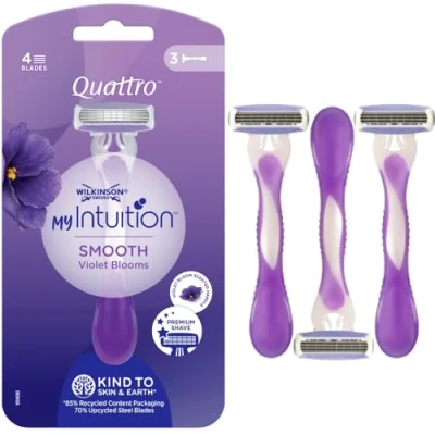 Afbeelding van Wilkinson Sword Quattro My Intuition Smooth Violet Blooms Wegwerpscheerapparaat voor dames, met 4 hydraterende messen, ontharingsscheerapparaat de gevoelige huid, 3 stuks