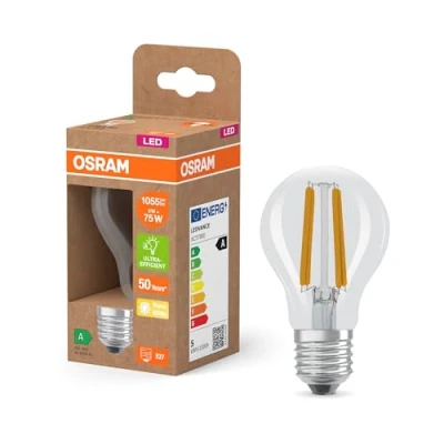 Afbeelding van OSRAM LED Superstar classic lamp A 75 in piston shape, clear glass body, 5 W, 1,055 lm, E27 socket, 2,700 K for warm white light, EEK A, 60 mm diameter.
