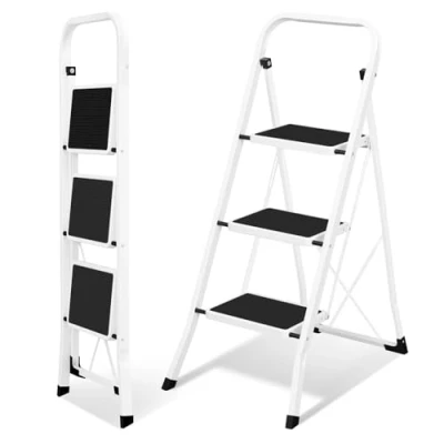 Afbeelding van EUGAD Trapladder, 3 treden inklapbaar, ladder met anti slip treden, vouwladder handgreep, eenvoudig op te bergen, tot 150 kg belastbaar, van staal, zwart + wit