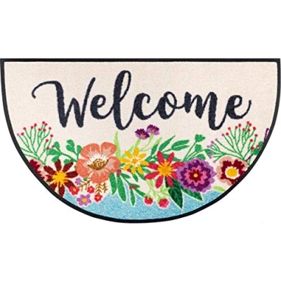 Afbeelding van wash+dry by Kleen Tex Mat Round Welcome Blooming Inloopmat, motief bloemen, met tekst, antislip, wasbaar