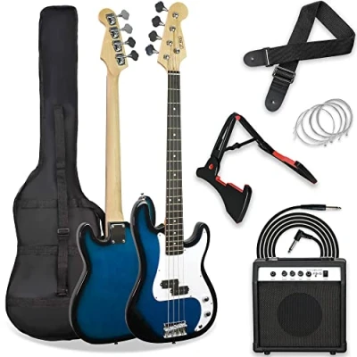 Afbeelding van 3rd Avenue 4/4 formaat elektrische basgitaar, beginnerspakket met 15W versterker, tas, kabel, gitaarband, statief en reservesnaren blauw