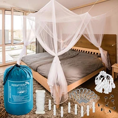 Afbeelding van FREILUFTRAUM Klamboe voor tweepersoonsbedden met vier openingen, insectennet, reizen, muggenbescherming, wit, 220 x 200 cm
