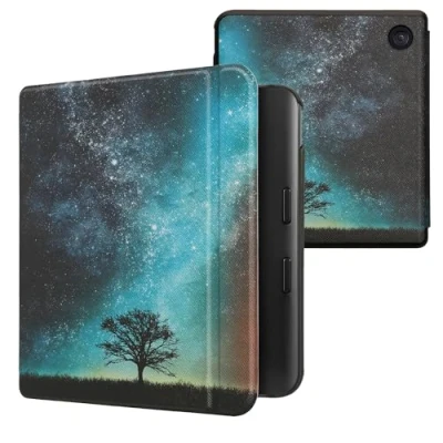Afbeelding van kwmobile E reader hoesje geschikt voor Kobo Libra Colour hoes flip case met magnetische sluiting Ereader cover Sterrenstelsel en Boom design in blauw / grijs zwart
