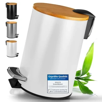 Afbeelding van Cosmeticabak met bamboe deksel, badkamerbak softclose automatisch neerlaatmechanisme, hoogwaardige badkamervuilnisbak, badkamerbak, cosmeticabak, toiletbak