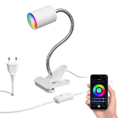 Afbeelding van ledscom.de Klemlamp WAIKA met zwanenhals en schakelaar wit mat, incl. Smart Home RGBW GU10 LED lamp, 5,41W, 473lm