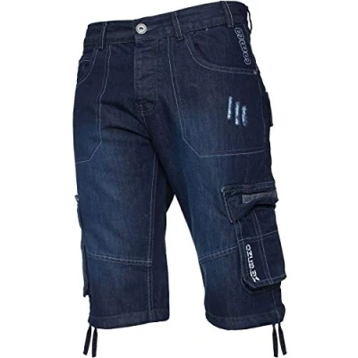 Afbeelding van Enzo Combat short voor heren, cargozakken, informeel, knielengte, jeans, denim broek, Donkerblauw, 46W Uk