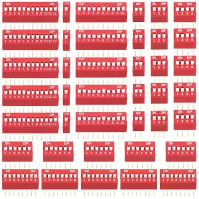 Afbeelding van DIP Switch Assortiment Kit, 1 2 3 4 6 8 10 12 Pin 2,54 mm Dubbele Rij schakelaar, Rood On Off Slide Type Switch, voor Circuit Broodplanken PCB testkaarten, 40 stuks