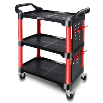 Afbeelding van CCLIFE Werkplaatswagen 87x43x66 cm, met 3 legborden twee gereedschapspanelen en 8 haken, opstaande rand, draagvermogen 150 kg
