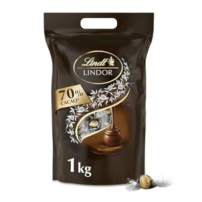Afbeelding van Lindt LINDOR 70% pure chocolade bonbons 1kg 80 zacht smeltende ideaal om te delen hersluitbare verpakking