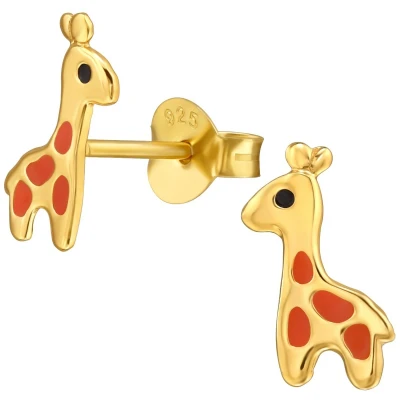 Afbeelding van JoyS Zilveren giraffe oorbellen 5 x 10 mm goldplated met oranje giraf kinderoorbellen