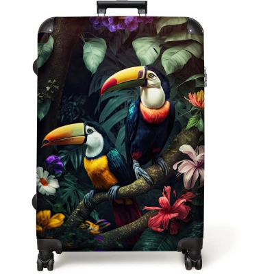 Afbeelding van NoBoringSuitcases.com® Koffer groot Reiskoffer lichtgewicht Toekan Bloemen Jungle Vogels Rolkoffer met 4 wielen Grote trolley XL 98 liter bagage