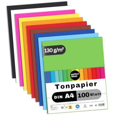 Afbeelding van perfect ideaz 100 vel gekleurd DIN A4 papier, tekenpapier, set van 10 kleuren, gekleurde vellen in 130 g/m², knutselvel gekleurd, accessoires voor knutselen, materiaal, doe het zelf