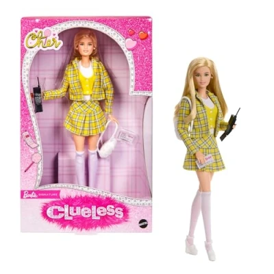 Afbeelding van Barbie Signature Pop, Clueless Cher Verzamelpop in geelgeruit pakje met als accessoires een rugzak, mobiele telefoon en proefrijbewijs, JBJ34