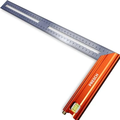 Afbeelding van Presch Winkelhaak met aanslag 400mm Middelgroot Inclusief roestvrij stalen aftekenmaat (40cm), waterpas &amp; markeernaald 90 45 Timmermanshoek, Speed Square, Carpentry Squares, Aanslaghoek