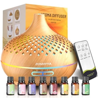 Afbeelding van ZOVHYYA Diffuser voor Etherische Oliën 500 ml Aroma Luchtbevochtiger 14 Leds met Afstandsbediening 3 Timer en Automatische Uitschakeling Woonkamer Slaapkamer Yoga als