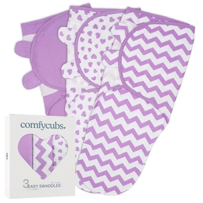 Afbeelding van Comfy Cubs Babydeken, inbakerdeken 0 3 maanden, Newborn Essentials, Baby Sleep Sack Wrap, 100% ademend katoen, Boy Girl, verstelbaar pack (Paars, Klein Medium)