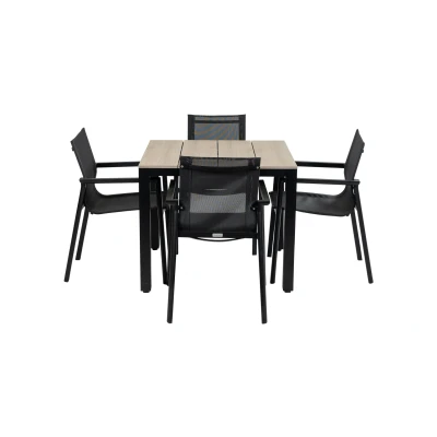 Afbeelding van 4 Seizoenen Tuinmeubelen 90x90 Cyprus Wood + 4x Stapelbare tuinstoel Delia Black Textileen Brafab