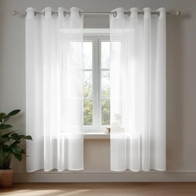 Afbeelding van Deconovo Set van 2 Sheer Gordijnen Wit Kant en Klaar met Ringen Semi transparant Sjaal voor Woonkamer Slaapkamer 140x183m