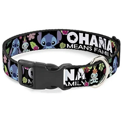 Afbeelding van Buckle Down Plastic Clip Collar Ohana Means Family/Stitch &amp; Scrump Poses/Tropical Flora Black/White/Multi Color 2&quot; Wide Past 39 66 cm Nek Large